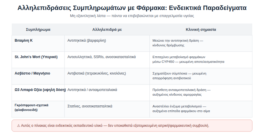 Πίνακας ενδεικτικών αλληλεπιδράσεων συμπληρωμάτων διατροφής με φάρμακα: βιταμίνη Κ, St. John's Wort, ασβέστιο/μαγνήσιο, ω3 λιπαρά οξέα, γκρέιπφρουτ-σχετικά φλαβονοειδή